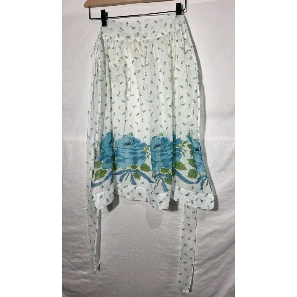Vintage Floral Half Apron Womens OS White Blue Rose Border Print Cotton Gauze‎